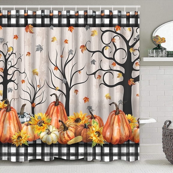 Ikfashoni Fall Shower Curtain, Buffalo Plaid Waterproof Bathroom Curtains, Thanksgiving Pumpkin Bathroom Decor, 72"X72"