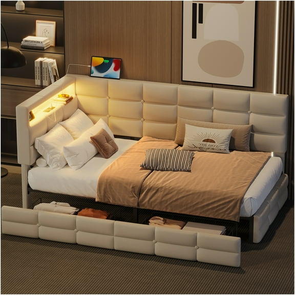 JERFIT Upholstered Twin Size Daybed with Storage 2 Drawers and Charging Station Day Bed Frame