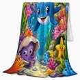 thumbnail image 2 of Dolphin with Turtle Starfish and Coral Friends, Cheerful Whimsical Style for Ocean Lovers, Tropical Reef Adventure and Birthday Gift, Cozy Flannel Blanket for Playroom and Bedroom, Home Decor, 2 of 9