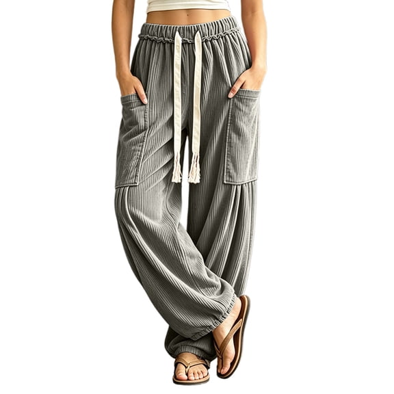 cocolona Womens Corduroy Lounge Pants Elastic Waist Drawstring Wide Leg Travel Street Pants with Pockets