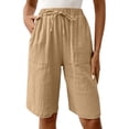 thumbnail image 2 of Bermuda Shorts for Women Knee Length Summer Casual Elastic Waist Straight Leg Relaxed Fit Cotton Linen Shorts with Pockets, 2 of 5