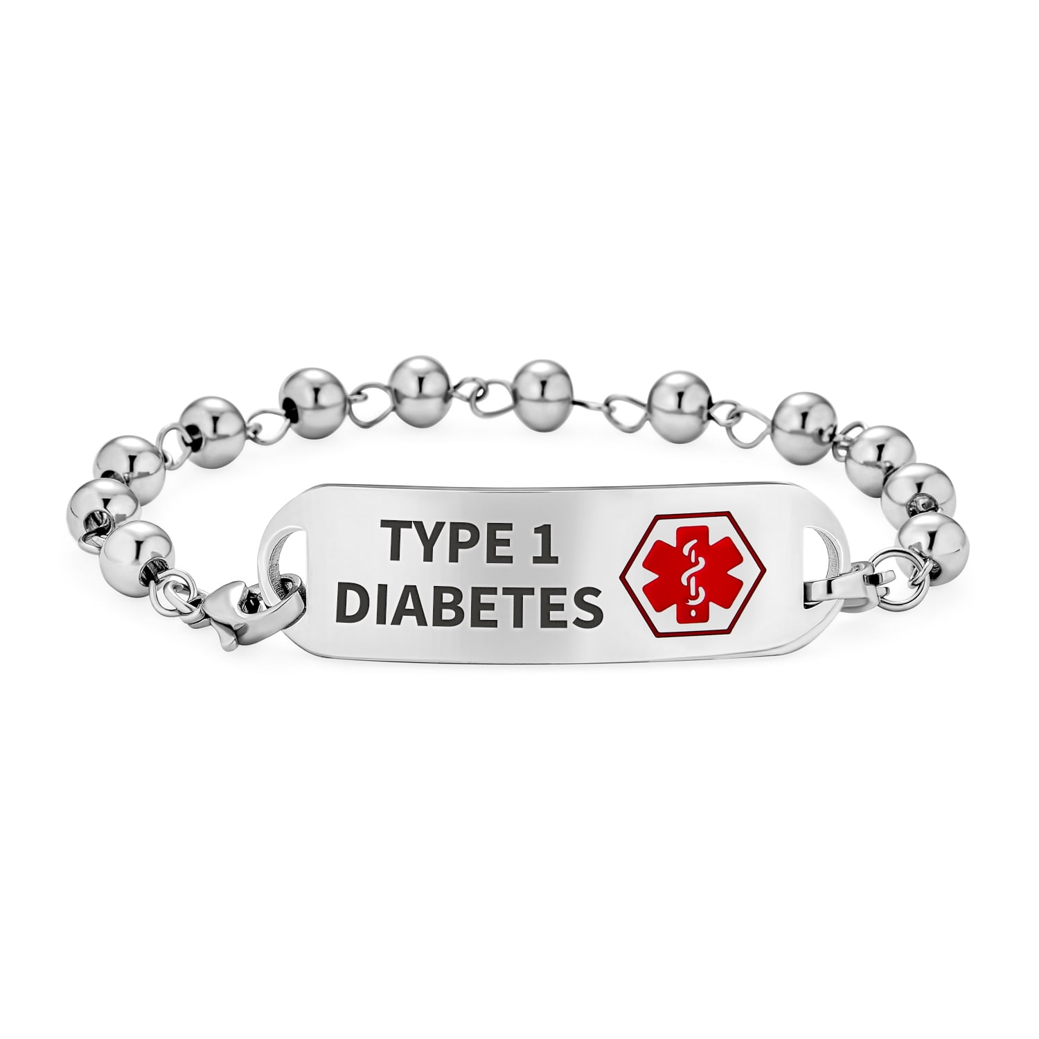 Type 1 Diabetes Medical Alert ID Bead Ball Chain Bracelet Pre Engraved ...