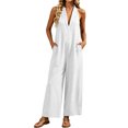 thumbnail image 2 of 1950s Retro High-Waisted Linen Sleeveless Jumpsuit Deep V-Neck Wide-Leg, 2 of 9