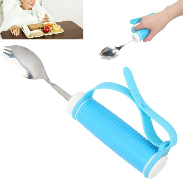 Fyydes Handicap Eating Aid Spoon,Fork Eating Aid Non‑Slip Adjustable Strap 2 In 1 Spoon For Parkinson Arthritis MS Hand Tremors,Adaptive Aid Fork