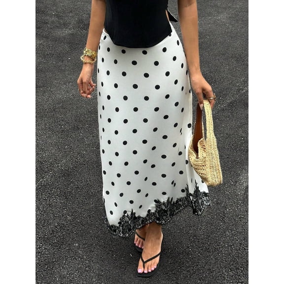 Womens Polka Dot Maxi Skirt Black White Satin Lace Hem Long Skirt