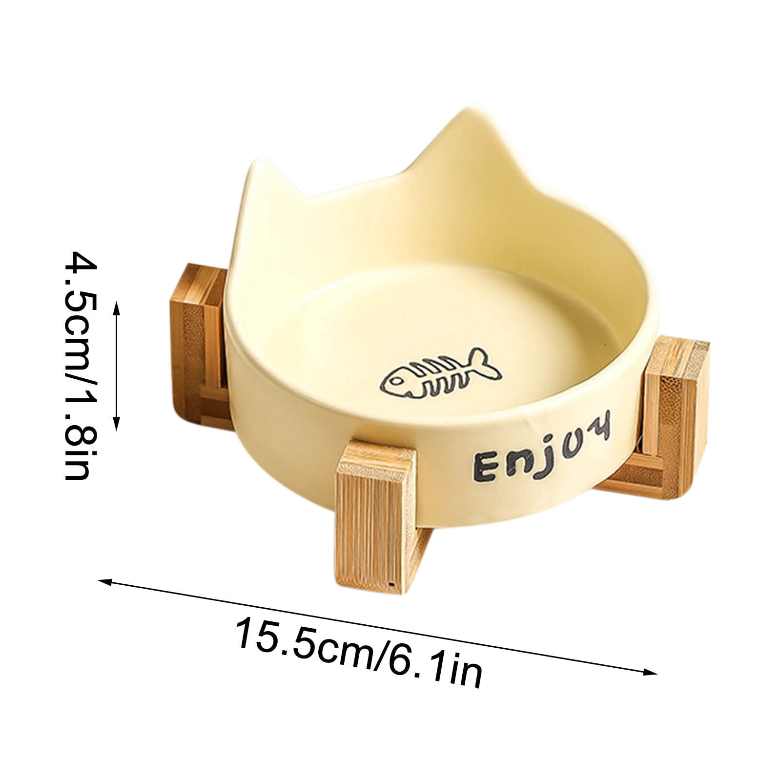 Weloille Cat Shaped Pet Bowl 1 Set with Wood Stand, Ceramic Non Slip Food Water Feeding Bowl, Scratch Resistant Pet Feeder, for Cats, Small Dogs Indoor Feeding Use