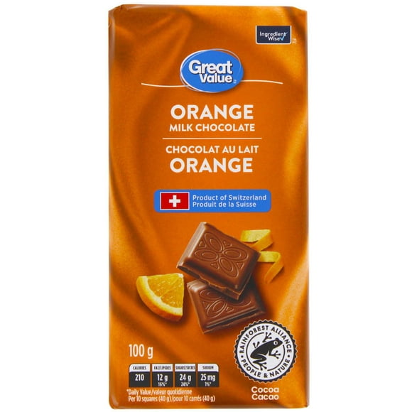 Chocolat au lait à l’orange Great Value 100 g