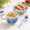 Blue Daisy Bloom, variant on Coral Pink 3-Piece Ceramic Handled Loop Handle Soup Bowl Plate and Spoon Set