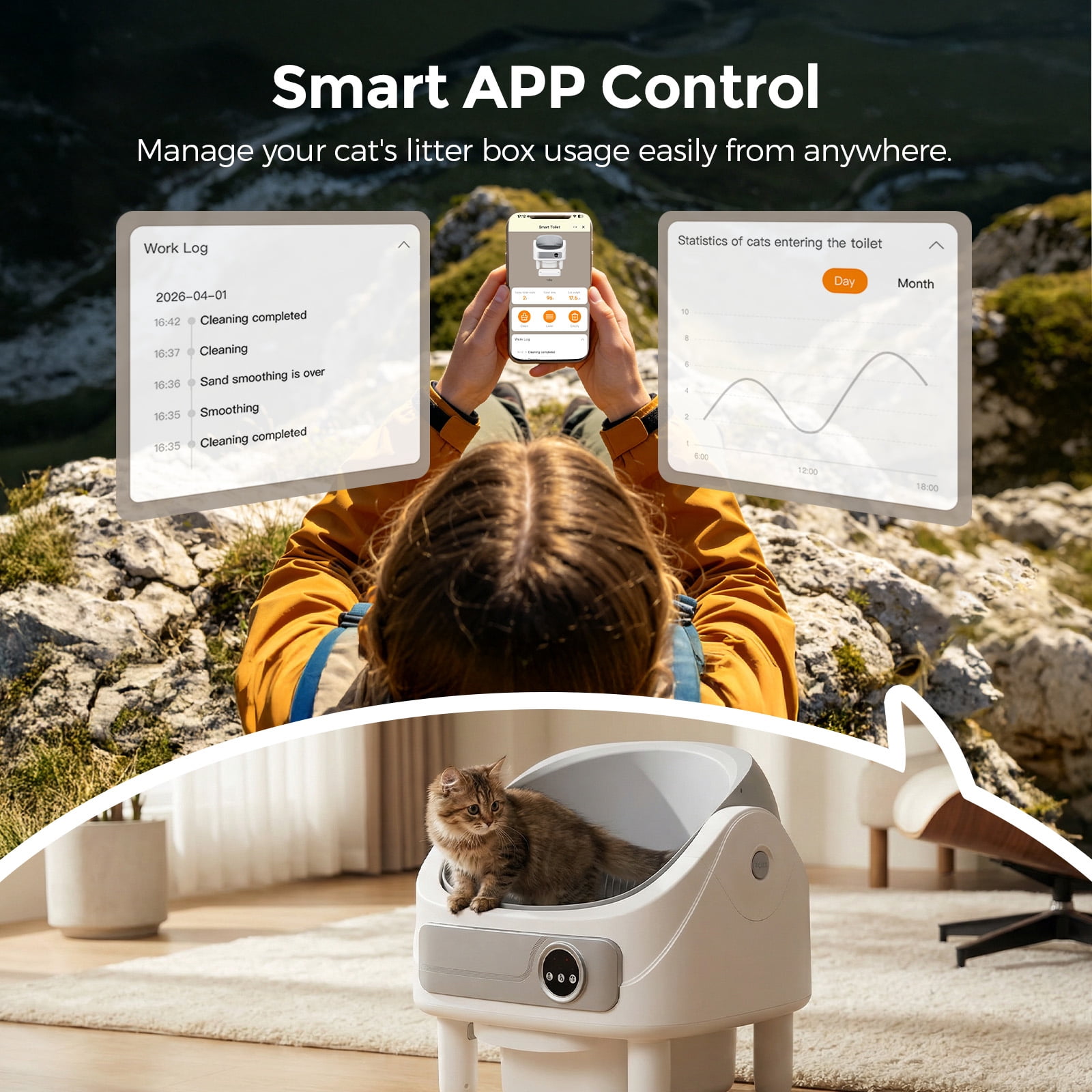 Andpety Automatic Litter Box, Self-Cleaning Cat Litter Box with Bio-Radar & 10 Safety Sensors for Anti-Pinch, Open Top Large Litter Box with App Control & Odor-Removing System, White