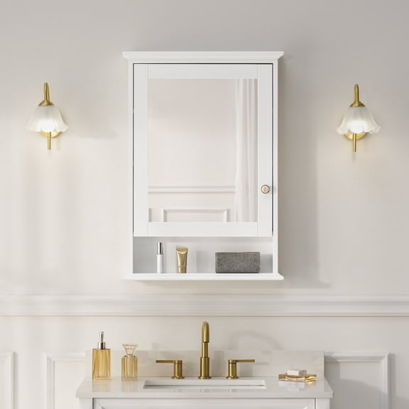 ANGELES HOME 24"x 34" Wall Mounted Wood Medicine Cabinet with Mirrors for Bathroom, Wooden Mirror Cabinet with 3-Tier Shelves and External Storage