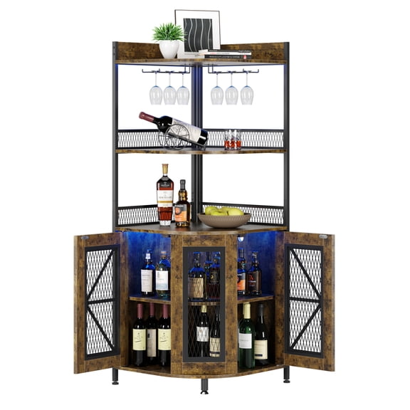 ChaoLink Industrial Corner Bar Cabinet, 64.2" Tall Wine Cabinet with Power Outlet, LED Lights & Glass Holder, 5-Tier Storage