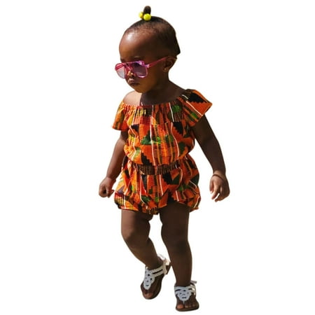 

Toddler Girls African Traditional Style Off Shoulder Romper Ankara Jumpsuit 6M-4Y