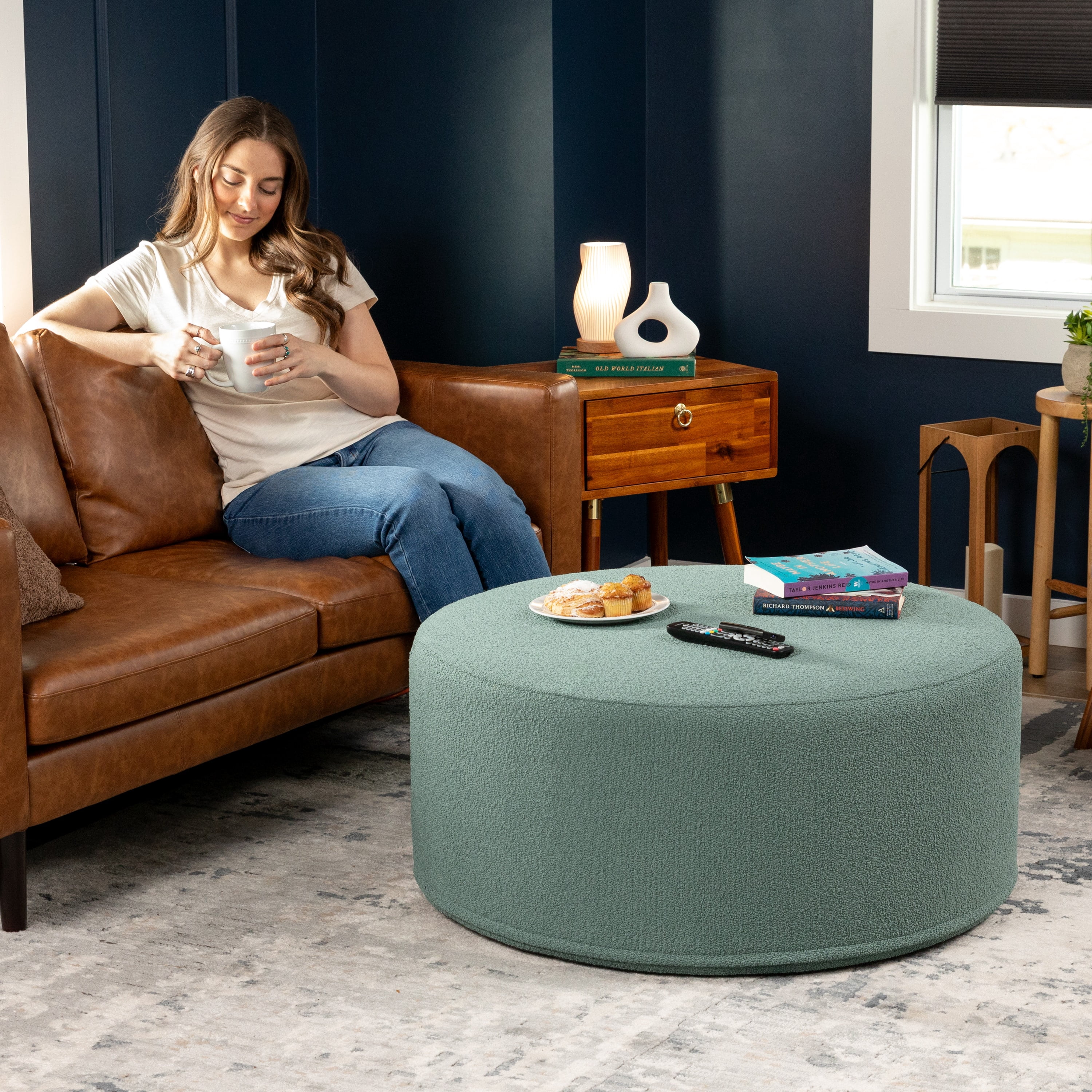 Jaxx Candler Round Coffee Table Ottoman, Large, 36-Inch, Boucle Green