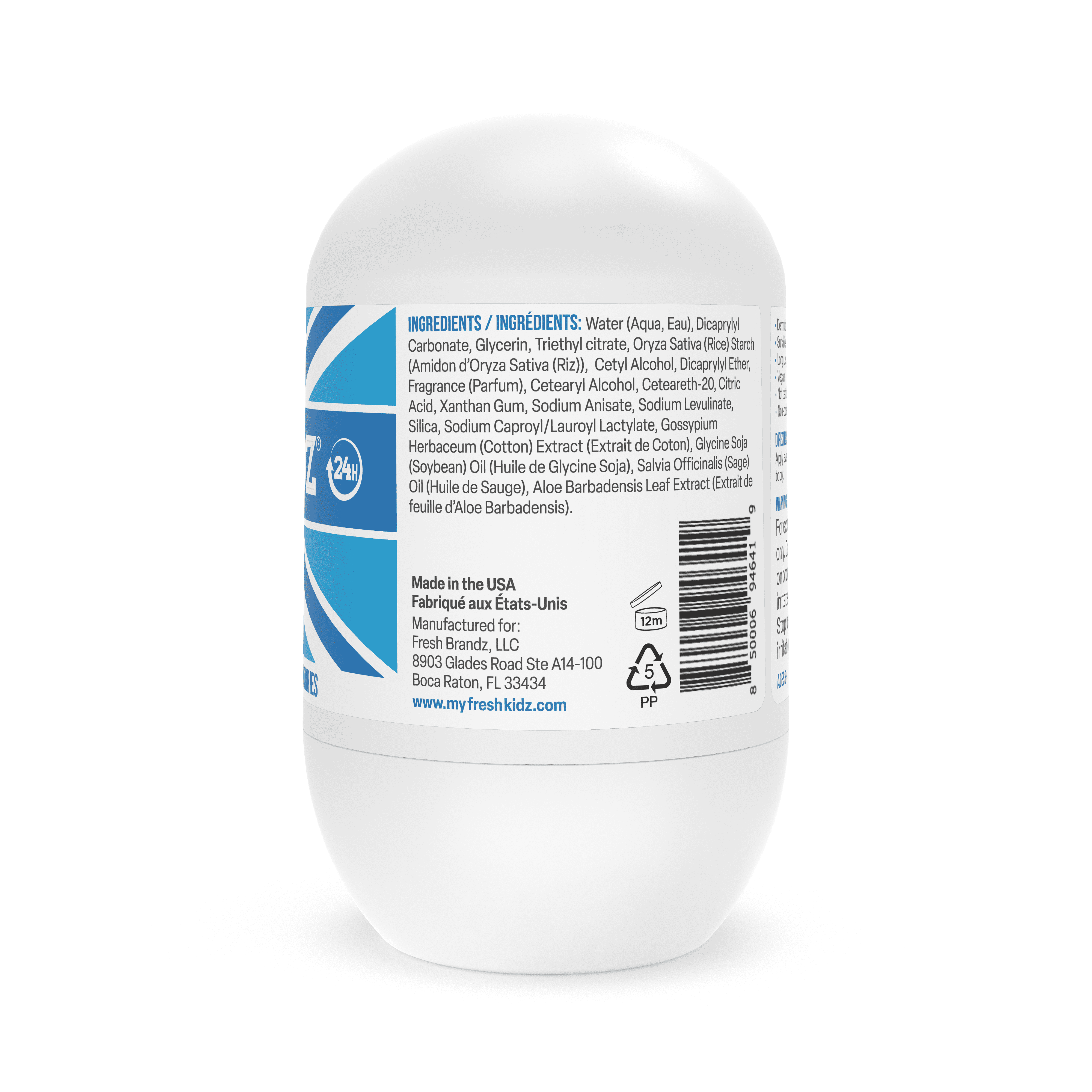Fresh Kidz Natural Roll On Deodorant Antiperspirant 24 Hour Protection, Boys Blue 1.86 fl.oz. (3 Pack)