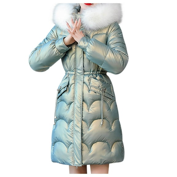 Womens Heavyweight Puffer Jacket Winter Coats For Women Warm Quilted Hooded Padded Coat With Faux Fur Collar