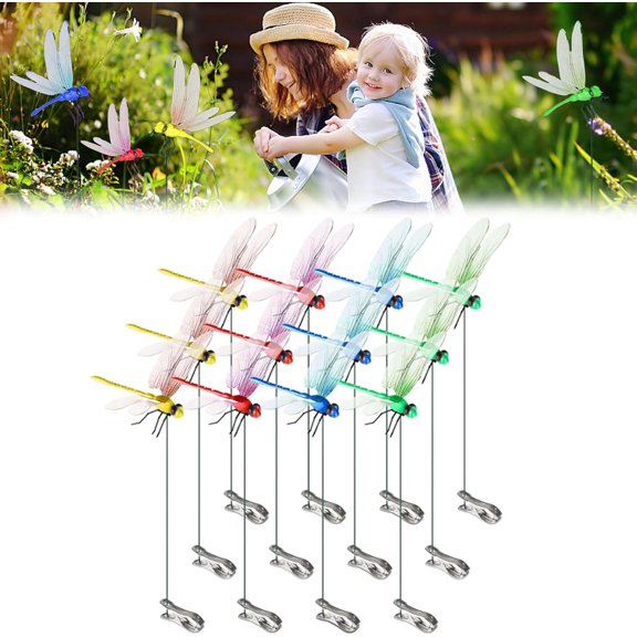 12 Pcs Dragonfly Clips, 3D Fake Dragonfly Garden Decoration Clip, Outdoor 3D Decorative Clips, Creative Dragonfly Stakes for Rod and Reel Synthetic Outdoors Patio Decorations, Multicolor