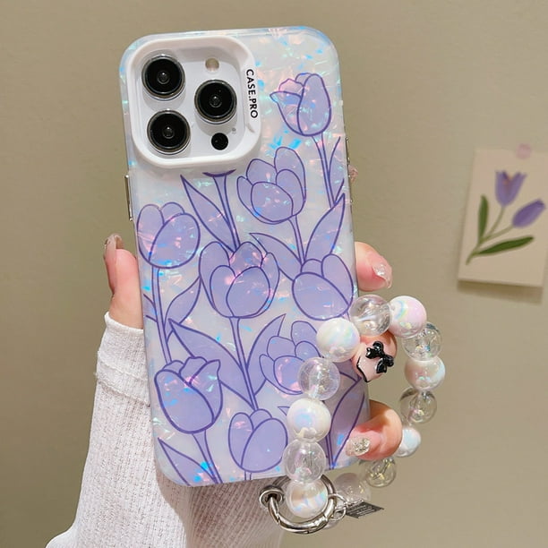 Para iPhone 11 14 Pro Max 12 13 Colorido Patrón De La Cáscara Púrpura Tulip Impresión Suave TPU Anti-Arañazos Caso Del Teléfono Con La Cadena A Prueba De Golpes Celular Protector Caídas