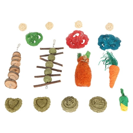 M Buder 16-Piece Rabbit Hanging Chew Toys Wood Grass Ball String Loofah Carrot Toys Small Animal Chew Toy Set for Chinchillas Guinea Pigs Hamsters (7.48 inches / 19 cm)