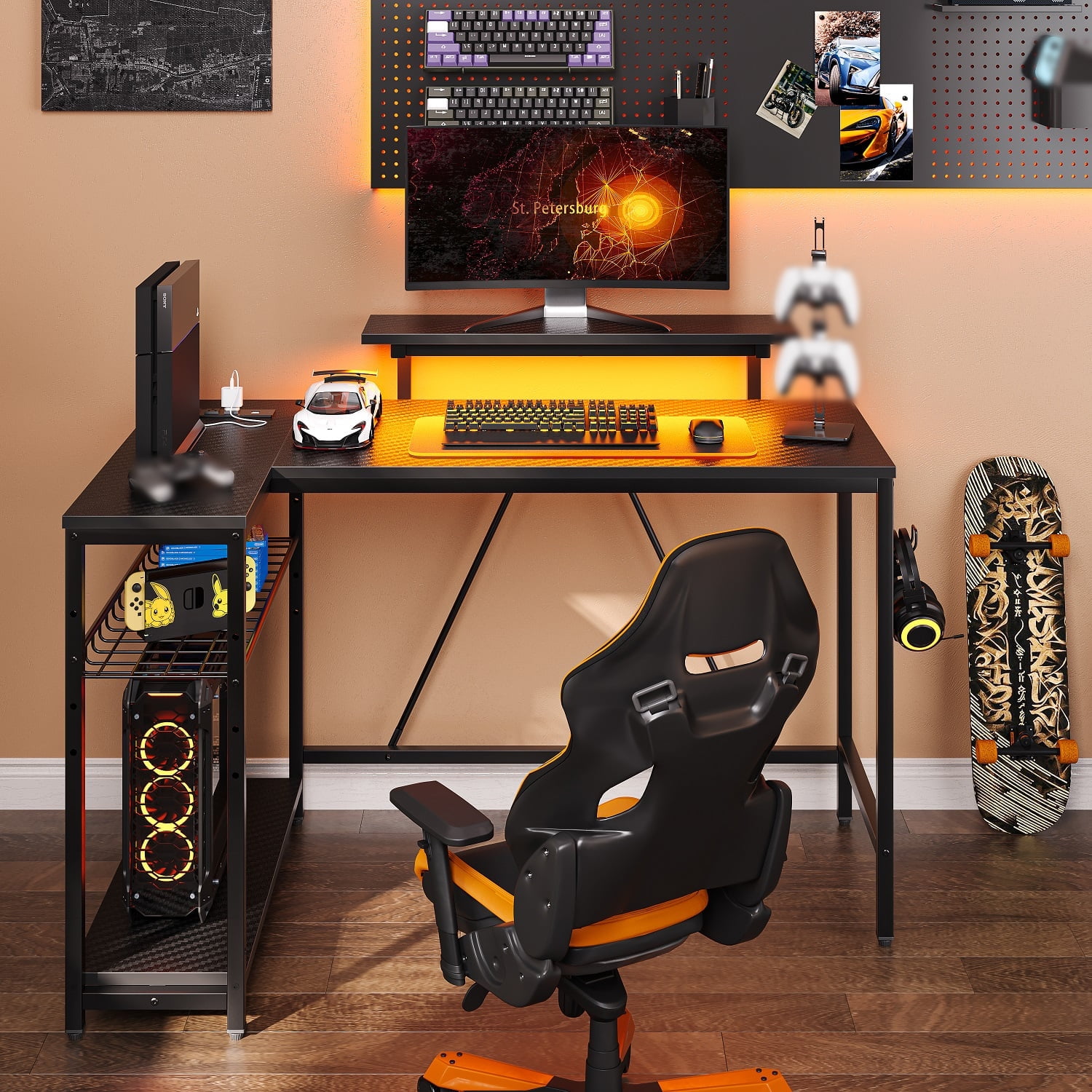 Bestier 48" L Shaped Gaming Desk with LED Lights & Power Outlets, Computer Desk with Monitor Stand, Carbon Fiber