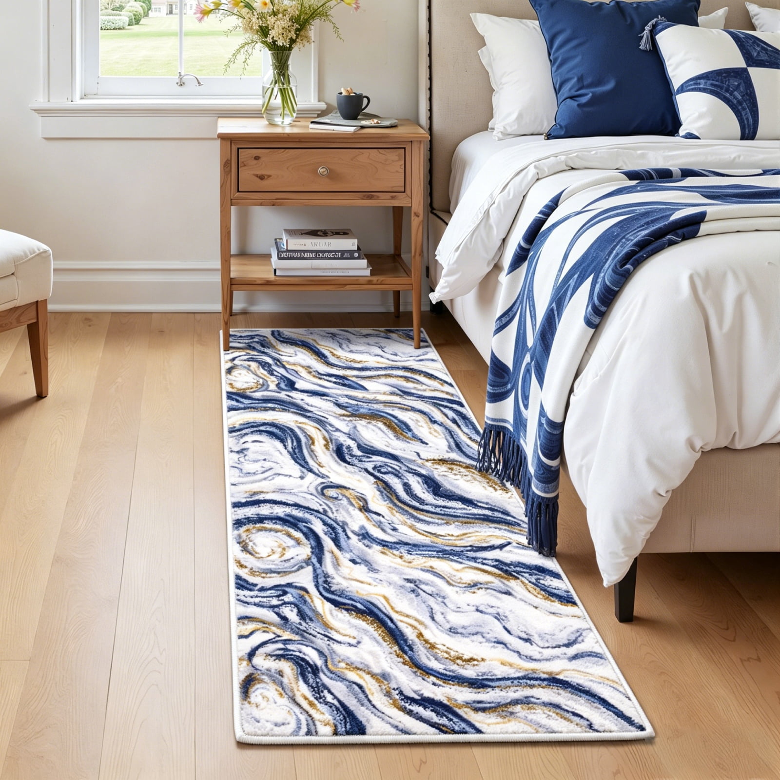 Runner Rugs for Hallway, Yamaziot 2'x8' Abstract Runner Rug, Washable Non Slip Blue Modern Bedroom Carpet Accent Rug Kitchen Runner Laundry Room Mat
