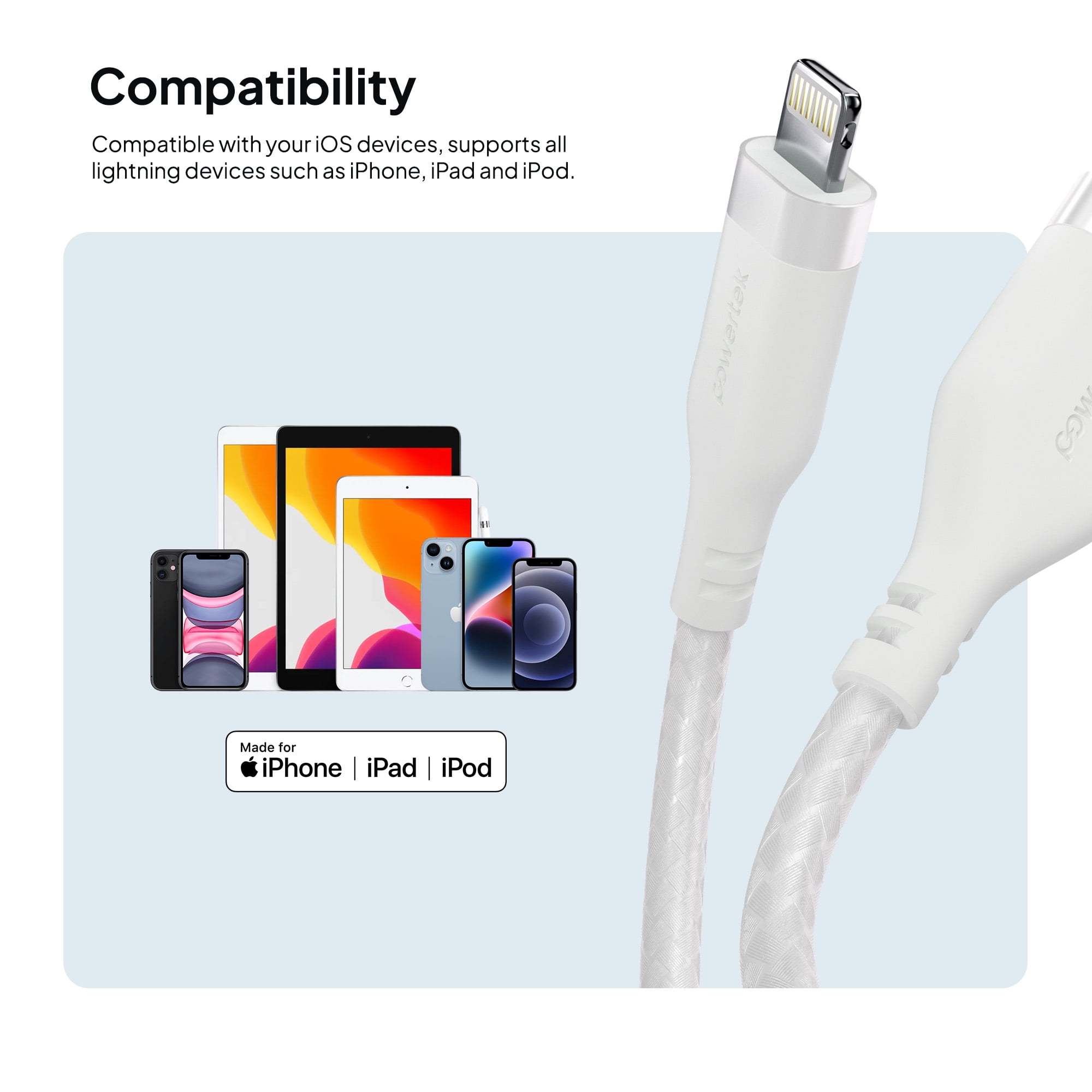 Powertek MFi Certified USB-A to Lightning Charging Cable, Carbon Design Texture, 6 ft, White