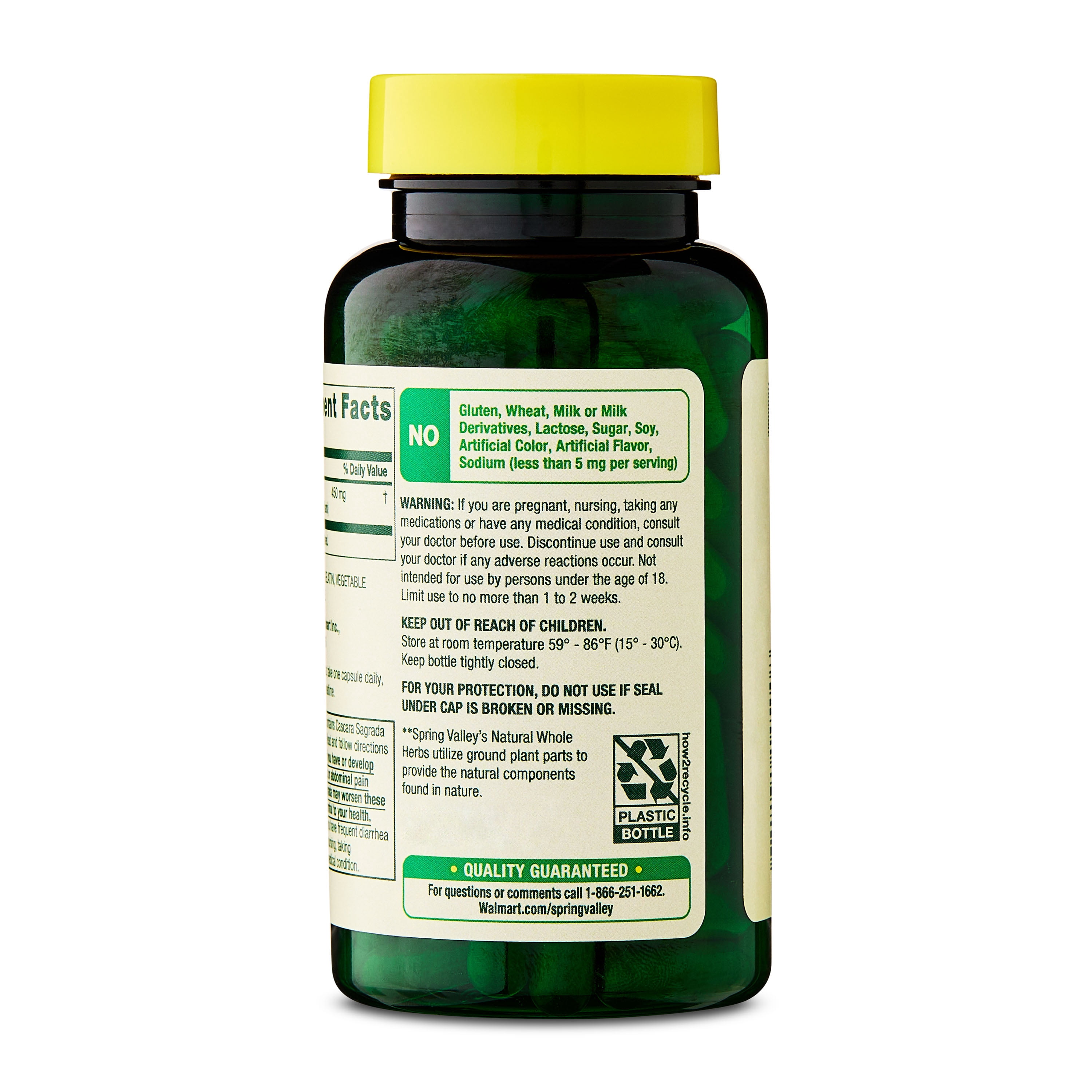 Spring Valley Whole Herb Cascara Sagrada Dietary Supplement Capsules for Digestive Health, 450 mg, 100 Count