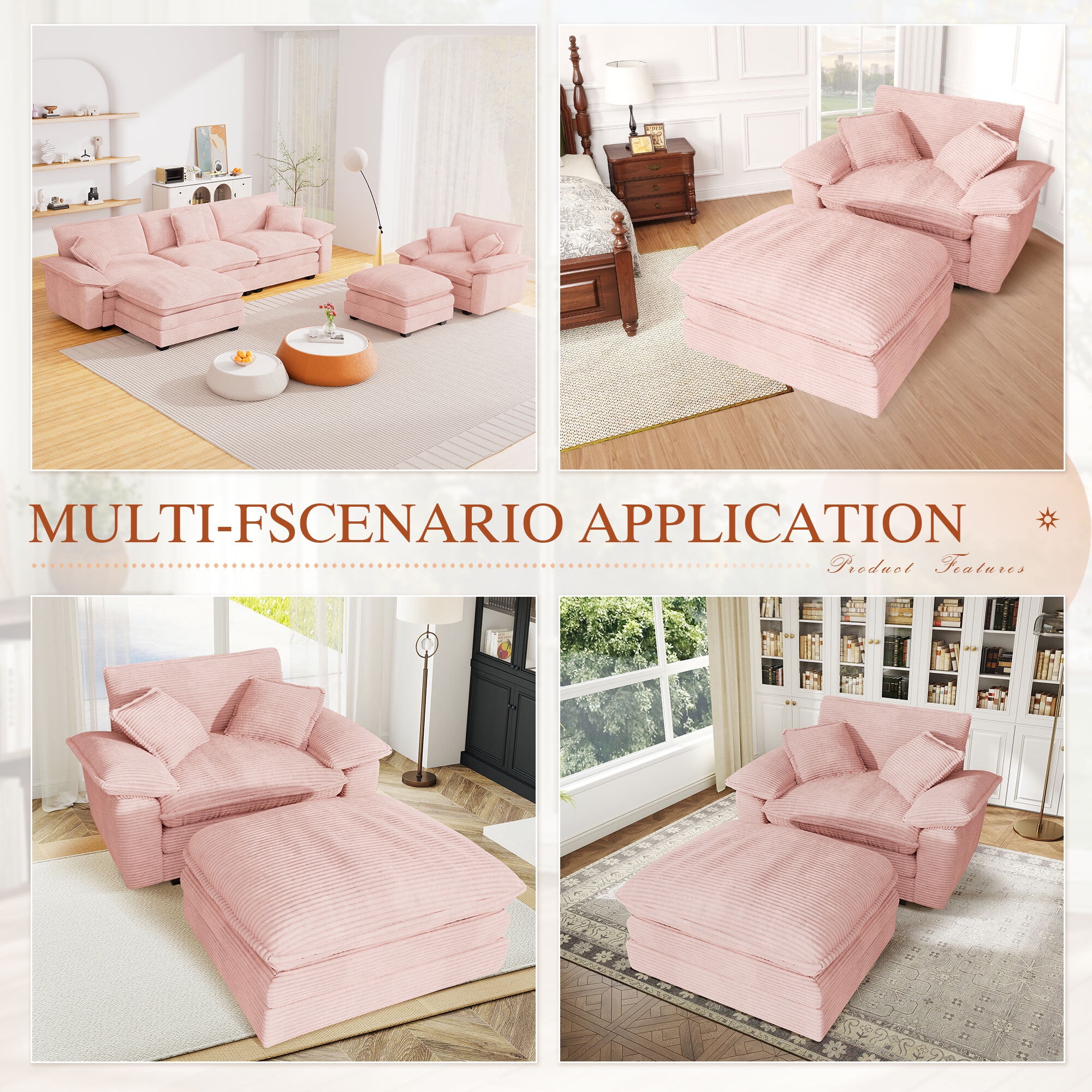 Muumblus Oversized Accent Chair with Ottoman, 48" Indoor Chaise Lounge Cloud Sofa Reading Armchair for Modern Living Room, Bedroom, Pink Corduroy
