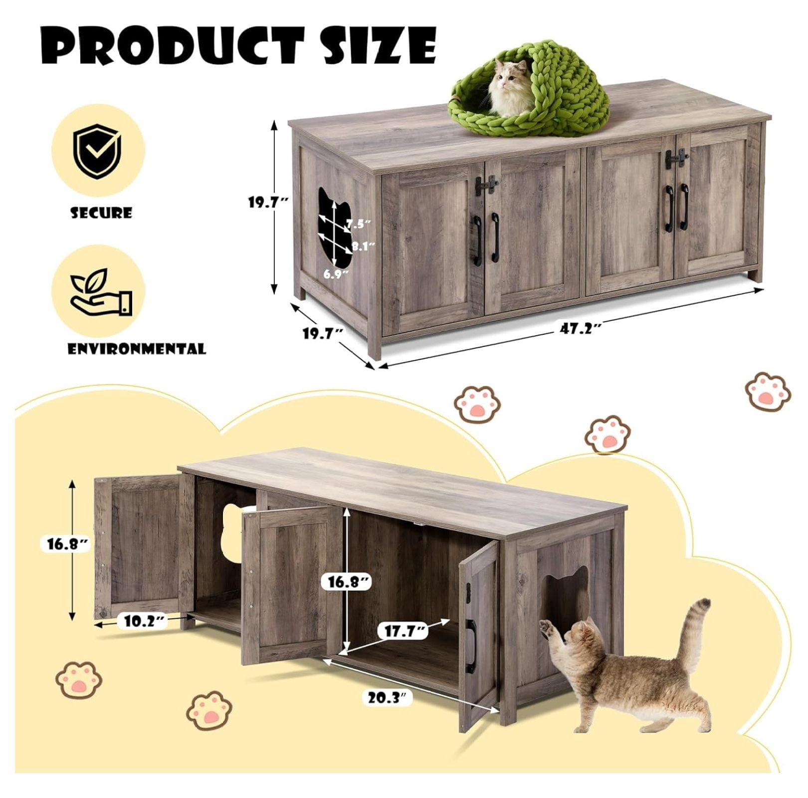 Cat Litter Box Enclosure for 2 Cats - Litter Box Furniture with Lockable Door,Wooden Cat Washroom Furniture with Double Room,Cat House,Hideaway Litter Box,Greige