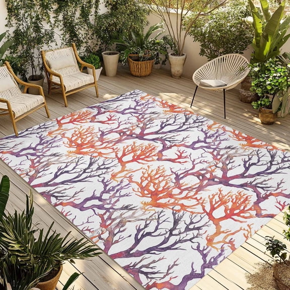 Coral Coastal Outdoor Rug 4x6 Ft - Reversible Patio Rug Outdoor Camping Rugs, Ocean Summer Beach Sea Washable Indoor Outdoor Area Rugs, Non-Slip Outdoor Carpet Runner for Deck/Porch