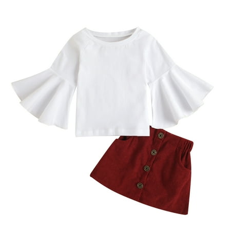 

WenaZao Baby Bell Sleeve Tops + Corduroy Skirt High Waist Single Breasted