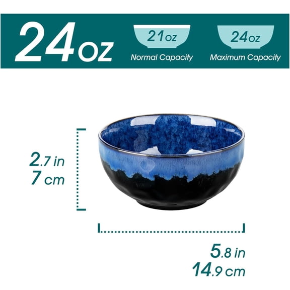 24oz Ceramic Bowls Set of 4, Blue Soup & Cereal Bowls, Dishwasher & Microwave Safe
