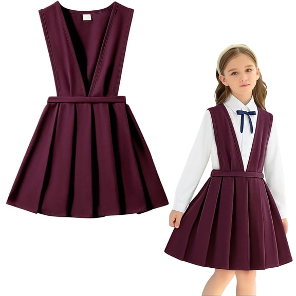 Girls School Uniform Dress V-neck Jumper Dress Sleeveless Red Dress Girls School Uniforms 3-4 Years