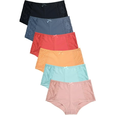 247 Frenzy Women s Essentials PACK OF 6 Cotton Blend Solid Boyshort Panty Underwear with Sheer Side Panels LP1567CB