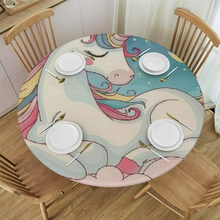 

SHERONV Unicorn Stars Cloud Round Table Cover Stain Resistant Washable Indoor Outdoor Tablecloth Kitchen Dining Wedding Parties 100% Polyester Fiber 38-42