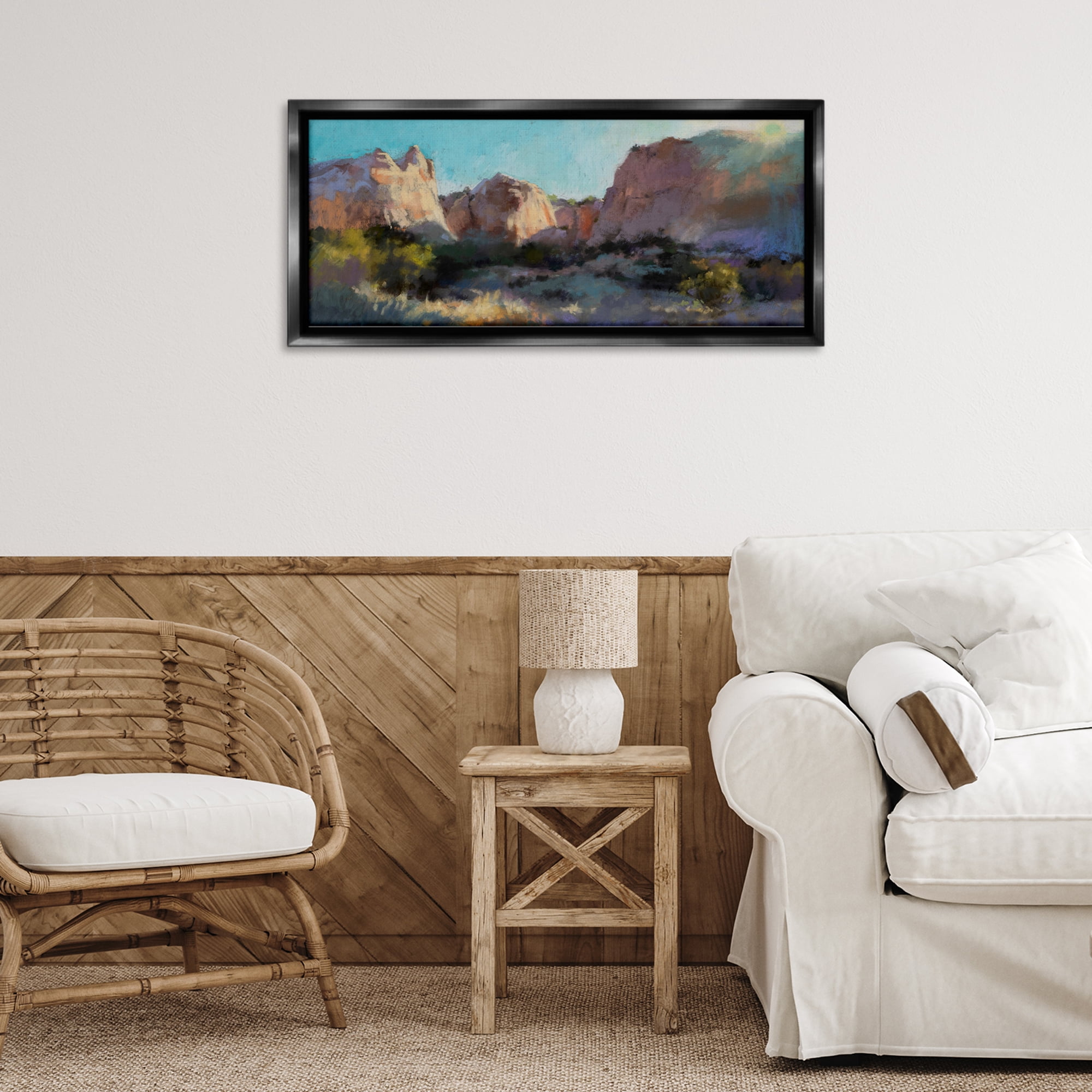 Stupell Industries Desert Cliffs Valley Landscape & Nature Painting Black Floater Framed Canvas Art Print Wall Art, 31 x 14