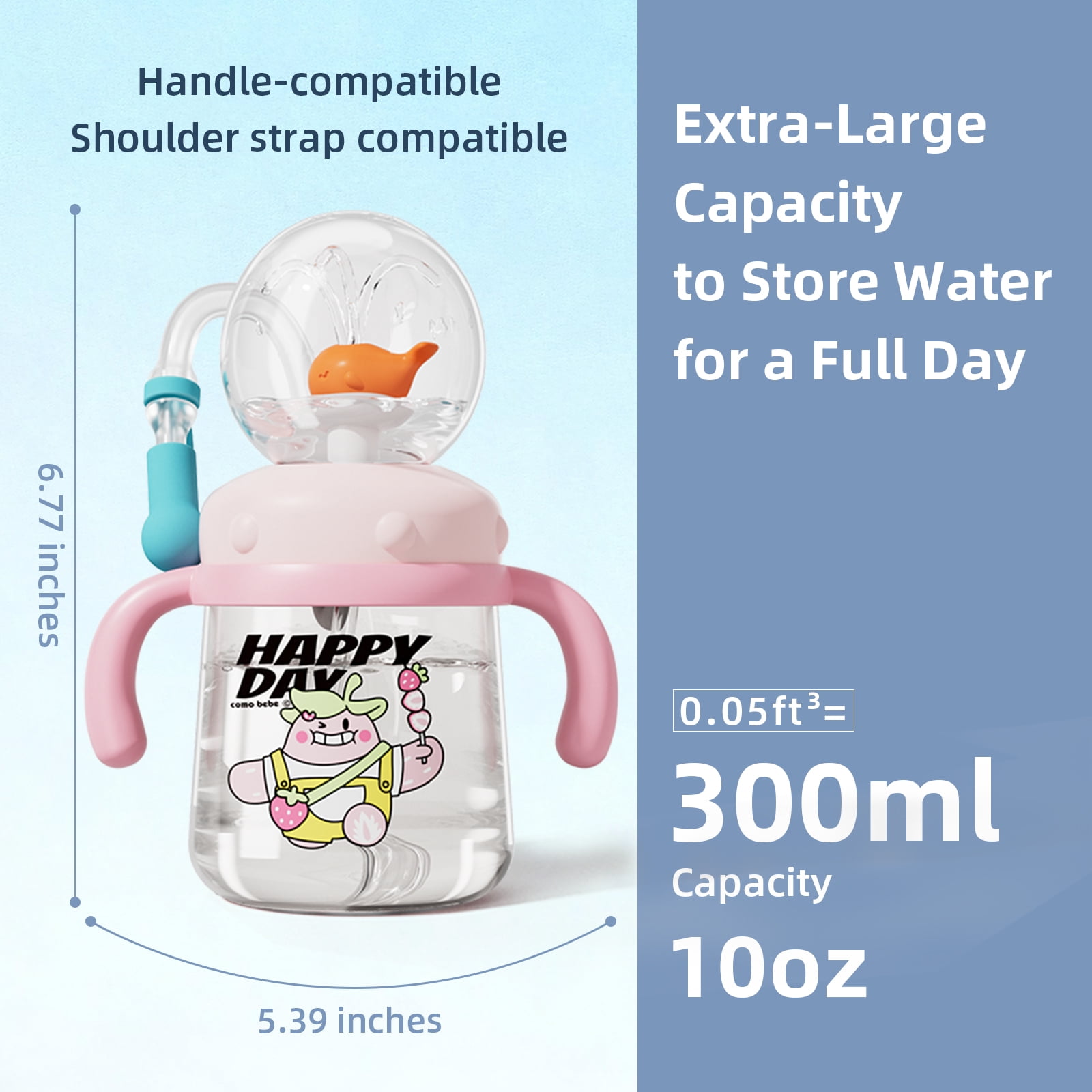 Comobebe Whale Fountain Cup for Kids Toddlers: 10oz/300ml Spill Proof Toddler Sippy  with Handle & Strap, Bpa-Free Forsippy Cups for Toddlers 1-3,Kids Water Bottle (Pink)