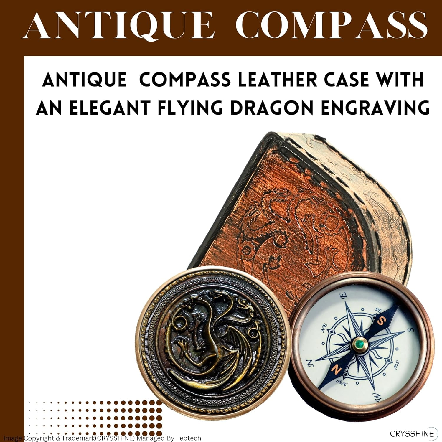 Navy Collection Engraved Flying Dragon 'Fire and Blood' Quote – 2-Inch Antique Finish Collectors' Compass with Premium Leather Case