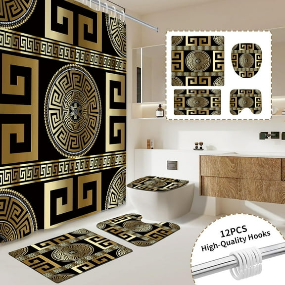 4PCS Black Gold Flower Print Fabric Shower Curtain Sets, Modern Waterproof Soft Fabric Shower Curtain Bathroom Trim, Non-Slip Bath mat, Applicable to bathrooms, Hotels,12 pcs Hooks, 71x71 in