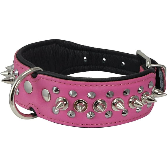 Dogs My love Spiked Studded Genuine Leather Dog Collar 1.75" Wide (14"-17" Neck; 1.75" Wide, Pink/Black)