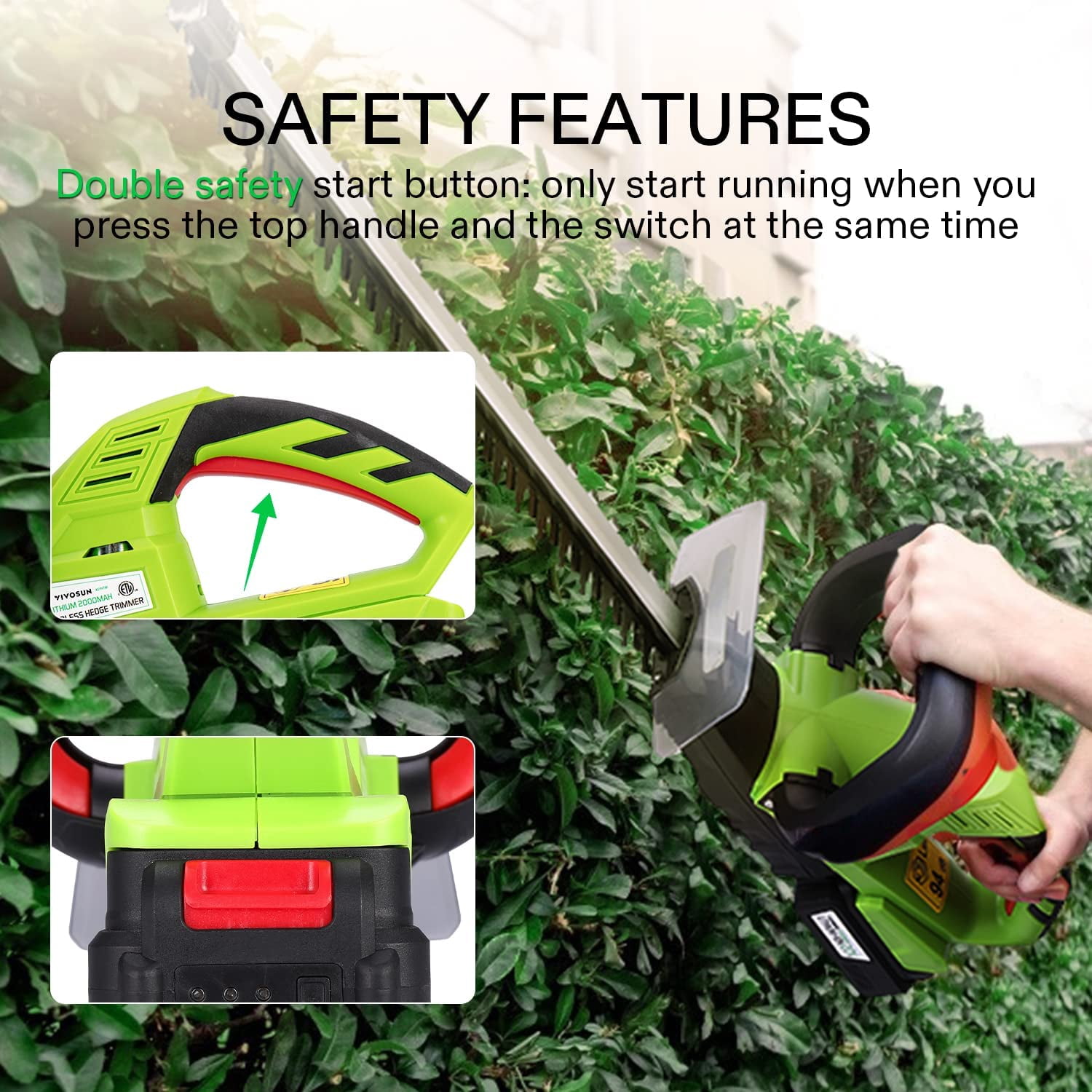 VIVOSUN 20V Cordless Hedge Trimmer 20 inches Blade Length Dual-Action Laser Blade Battery and Gardening Hand Pruner Included