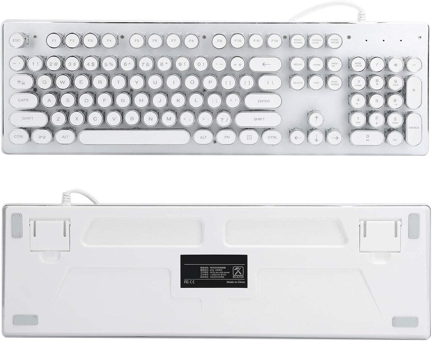 Mechanical Gaming Keyboard, Retro Steampunk Typewriter Keyboard, 104 Keys USB Wired Mixed Light Backlit with Round Keycaps(White)