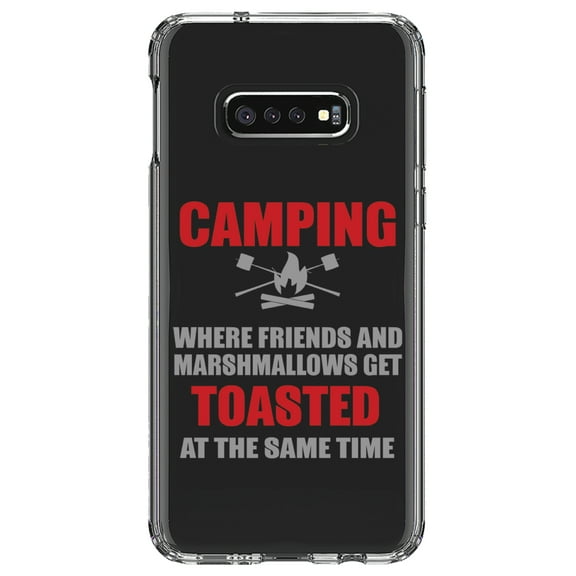 DistinctInk Clear Shockproof Hybrid Case for Samsung Galaxy S10e (5.8" Screen) - TPU Bumper Acrylic Back Tempered Glass Screen Protector - Camping - Friends & Marshmallows Get Toasted