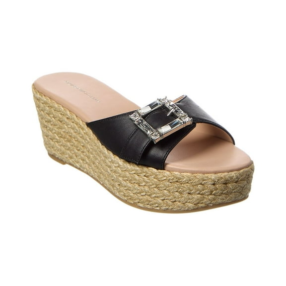 Stuart Weitzman June 75 Leather Wedge Sandal, 7, Black