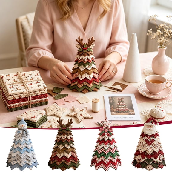 DIY Quilted Christmas Tree Kit, Fabric Quilting Patchwork Handmade, 3D Layered Ornament Sewing Set Gift for Adults, A