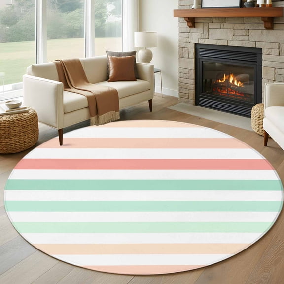 Round Area Rug 6 Ft, Peach Pink Green Ombre Washable Non-Slip Circle Carpet for Living Room/Bedroom, Farmhouse Stripe Modern Low-Profile Indoor Mats Collection Rugs for Residential