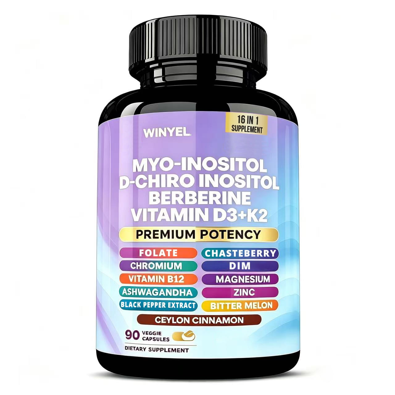 Myo Inositol D-Chiro 40:1 Ratio Capsules, Women PCOS Fertility Hormone Balance Support with Berberine Chasteberry DIM Vitamin D3 K2, 90 Vegan Capsules