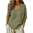 thumbnail image 2 of LIZUOJUN Women's Short sleeve T-shirt Linen Blend 3/4 Sleeve Blouse V Neck Casual Loose Solid Color Shirts for Women,Green M, 2 of 7