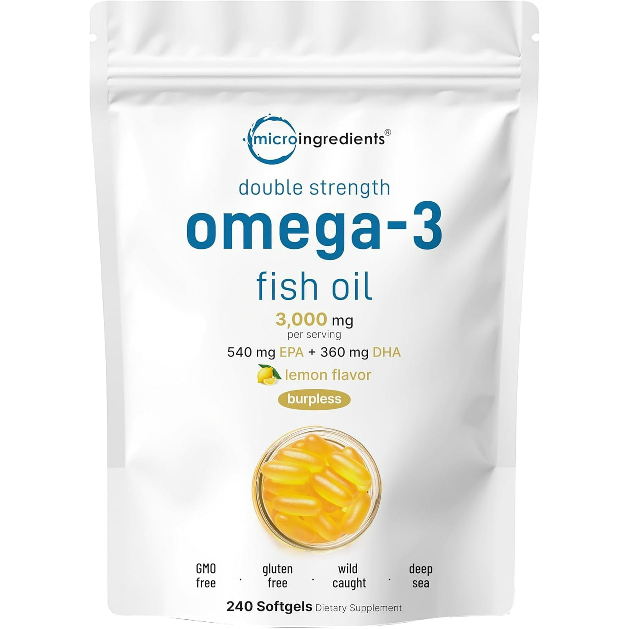 Micro Ingredients Omega 3 Fish Oil Supplements 3,000mg Per Serving, 240 Softgels | Lemon Flavored – Burpless | EPA 540mg + DHA 360mg | Deep Sea Fish