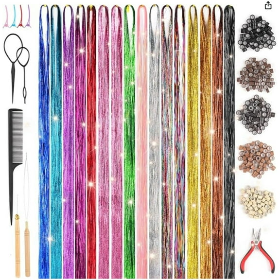 DUAIU 3460 Strands Hair Tinsel Kit, 48 Inch Glitter Tinsel Hair Extensions for Christmas New Year Makeup Party, Heat Resistant Fairy Hair Accessories for Girls, Kids, Women