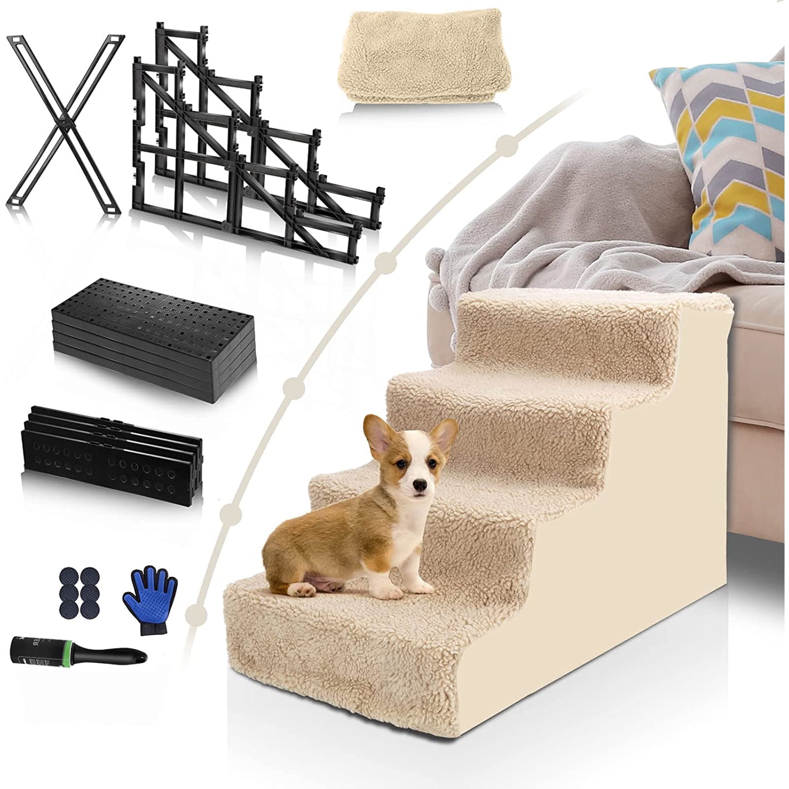4Step Dog Stairs for High Bed Plastic Dog Ramp for Small Animals Beige